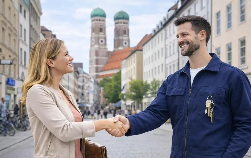 Schlüsseldienst München Monteur und zufriedene Kundin nach erfolgreicher Türöffnung