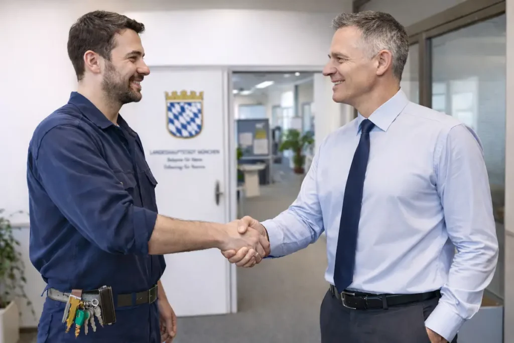 Schlüsseldienst Monteur bei Zusammenarbeit mit Behörden und Institutionen in München